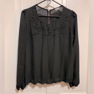 Black Long Sleeve Blouse with Scalloped Edge